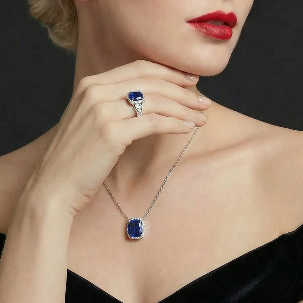 S925 Silver Cultured Blue Sapphire Ring(Adjustable Size)