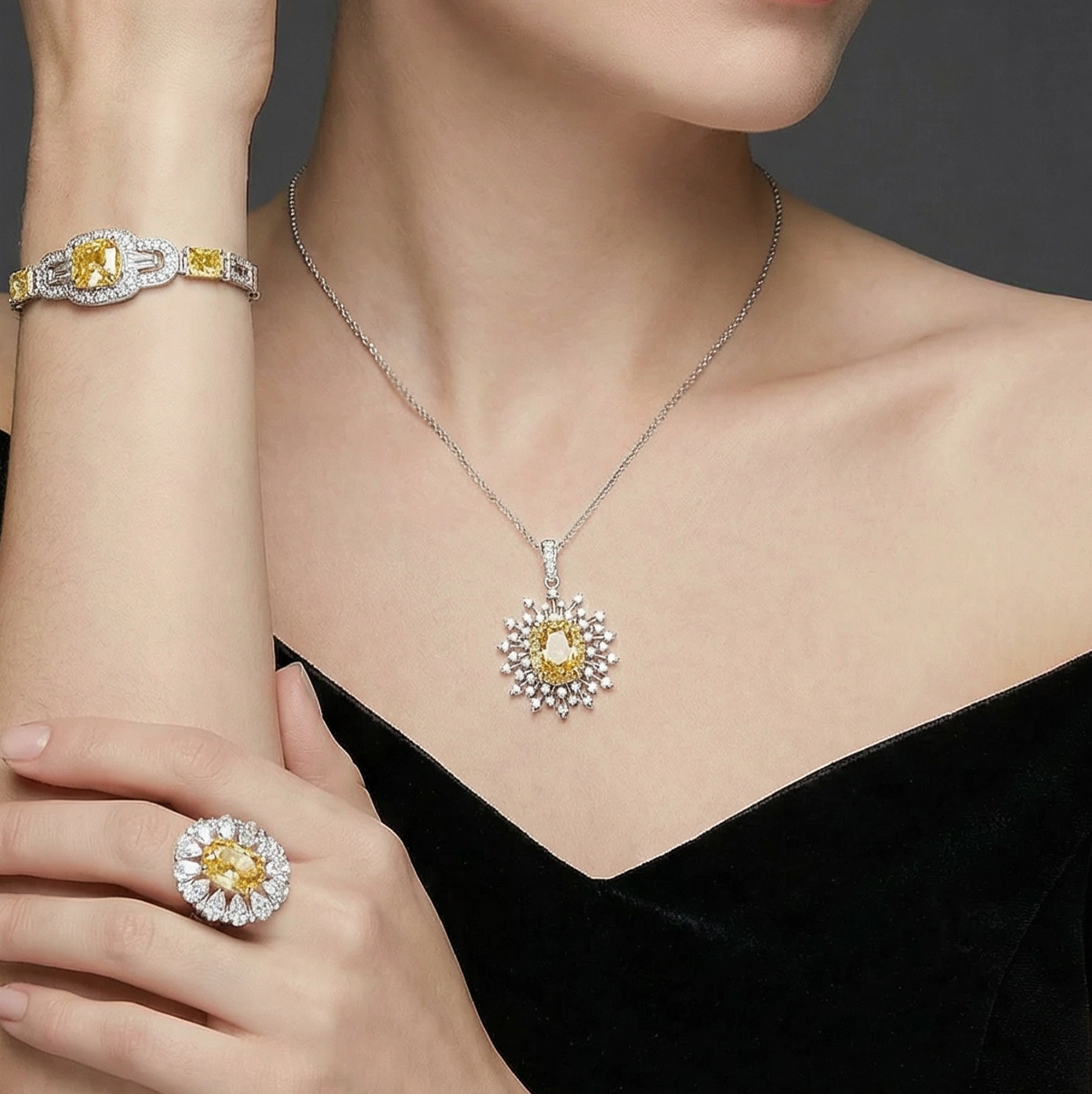 S925 Silver-plated Zirconia Yellow Ring(Adjustable Size)